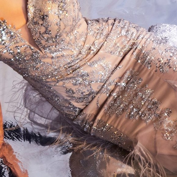 SILVER/NUDE FEATHERED MERMAID PROM PARTY LONG MAXI  EVENING GOWN DRESS CDC57 - Picture 4 of 10